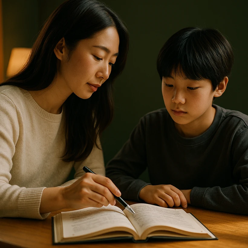 선생님이 교재로 1:1 설명하는 모습
